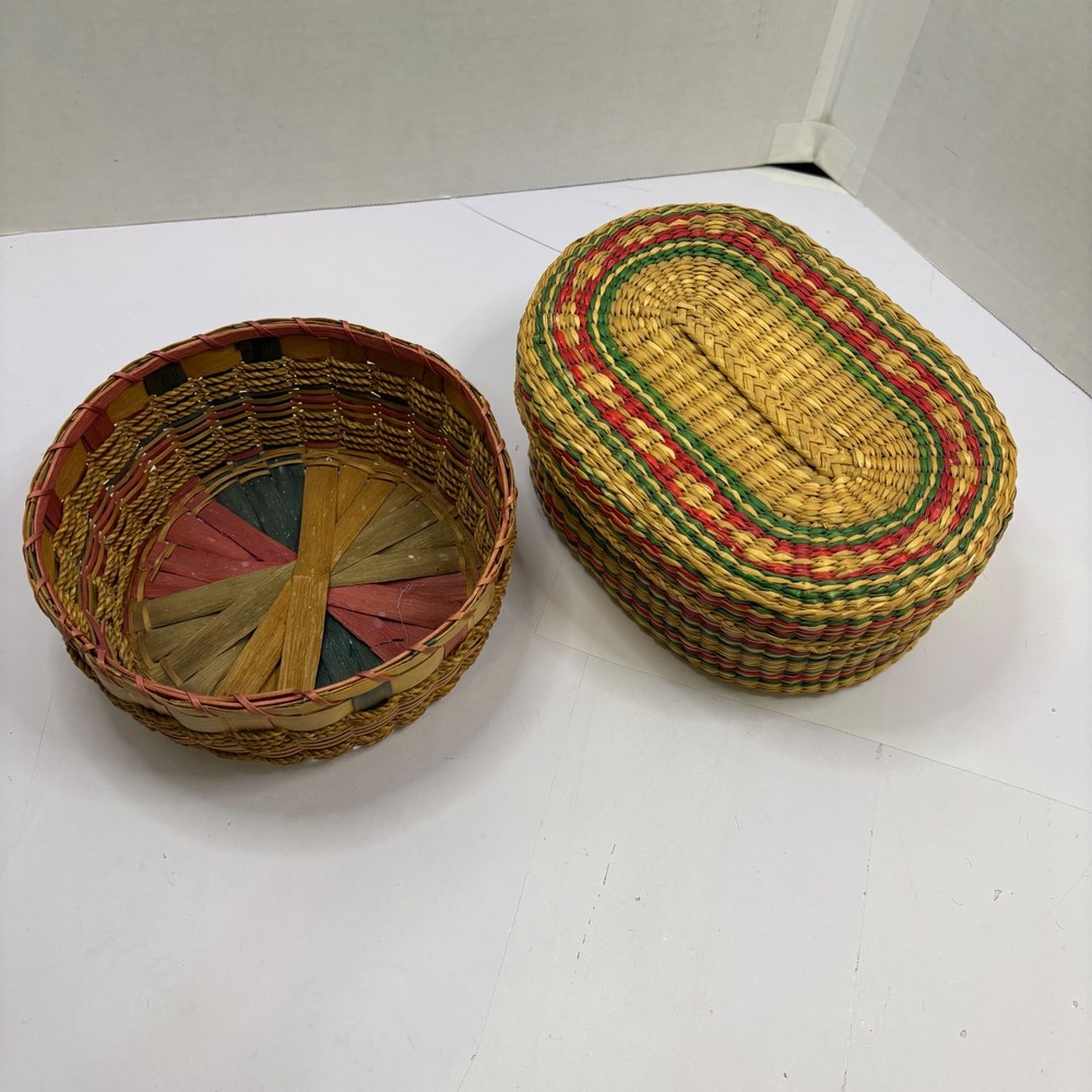 Two Vtg Hand Woven Basket Set Round Multicolored Splint and Oval Lidded Seagrass
